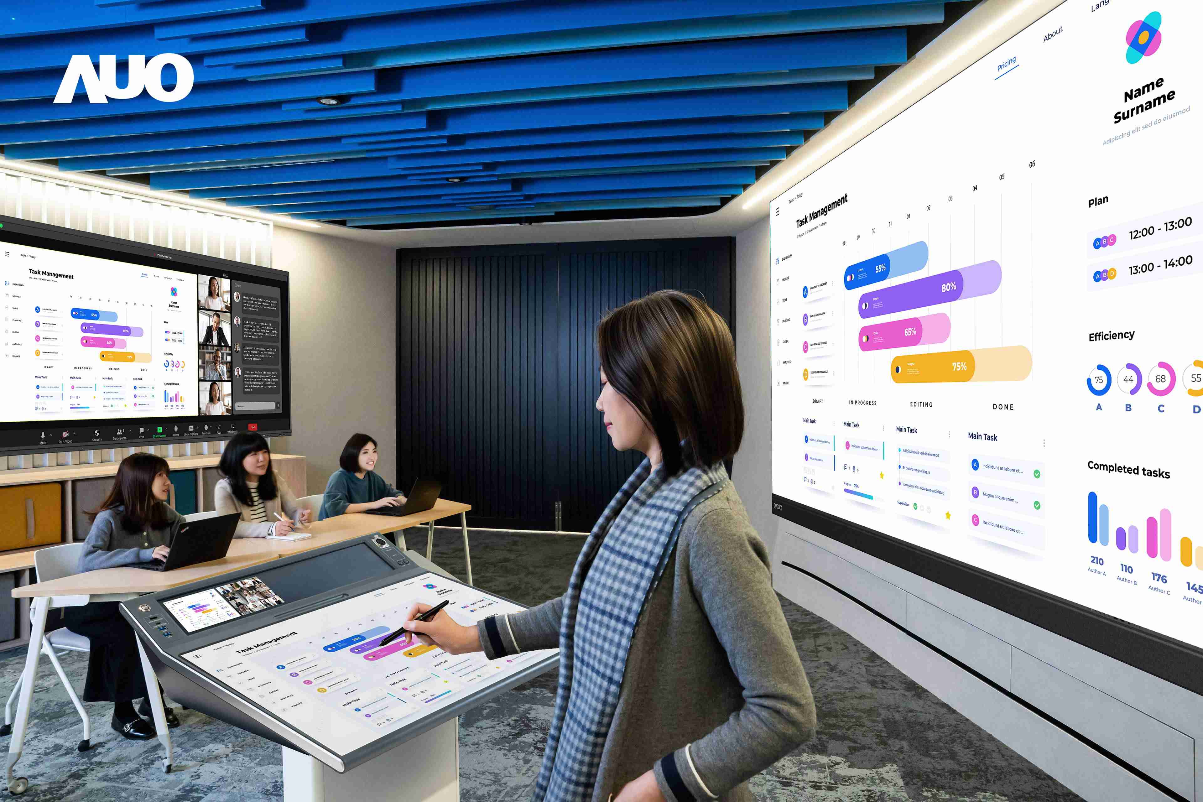 达擎携手Avocor与Rise Vision展示全方位商务领域应用，，，，包含采用模块化设计的138吋一体式All-in-One LED显示器及具21:9超宽比例的92吋交互式电子白板（IFPD），，，，讲者可轻松分享内容，，有效提升会议协作效率。。。。